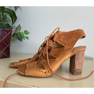 Lucky Brand Tafia Block-Heel Lace-Up Sandals Womens Size 7.5M Tan Leather